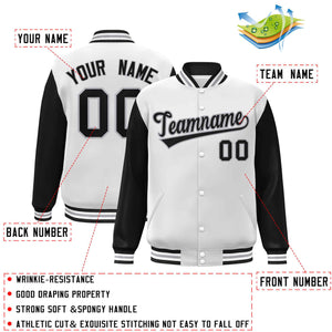 Veste Letterman Varsity Full-Snap personnalisée à manches raglan blanc noir-gris