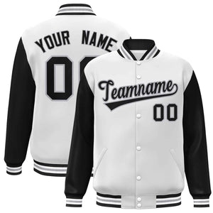 Veste Letterman Varsity Full-Snap personnalisée à manches raglan blanc noir-gris