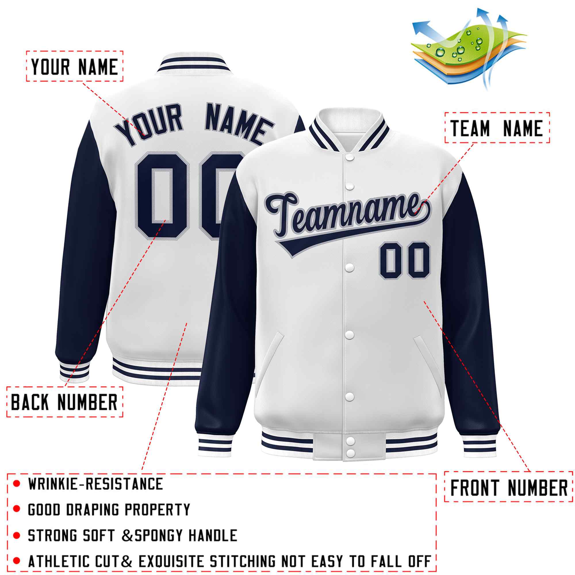 Veste Letterman Varsity Full-Snap personnalisée à manches raglan blanc-gris marine