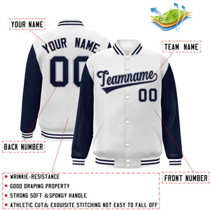 Custom White Navy-Gray Raglan Sleeves Varsity Full-Snap Letterman Jacket