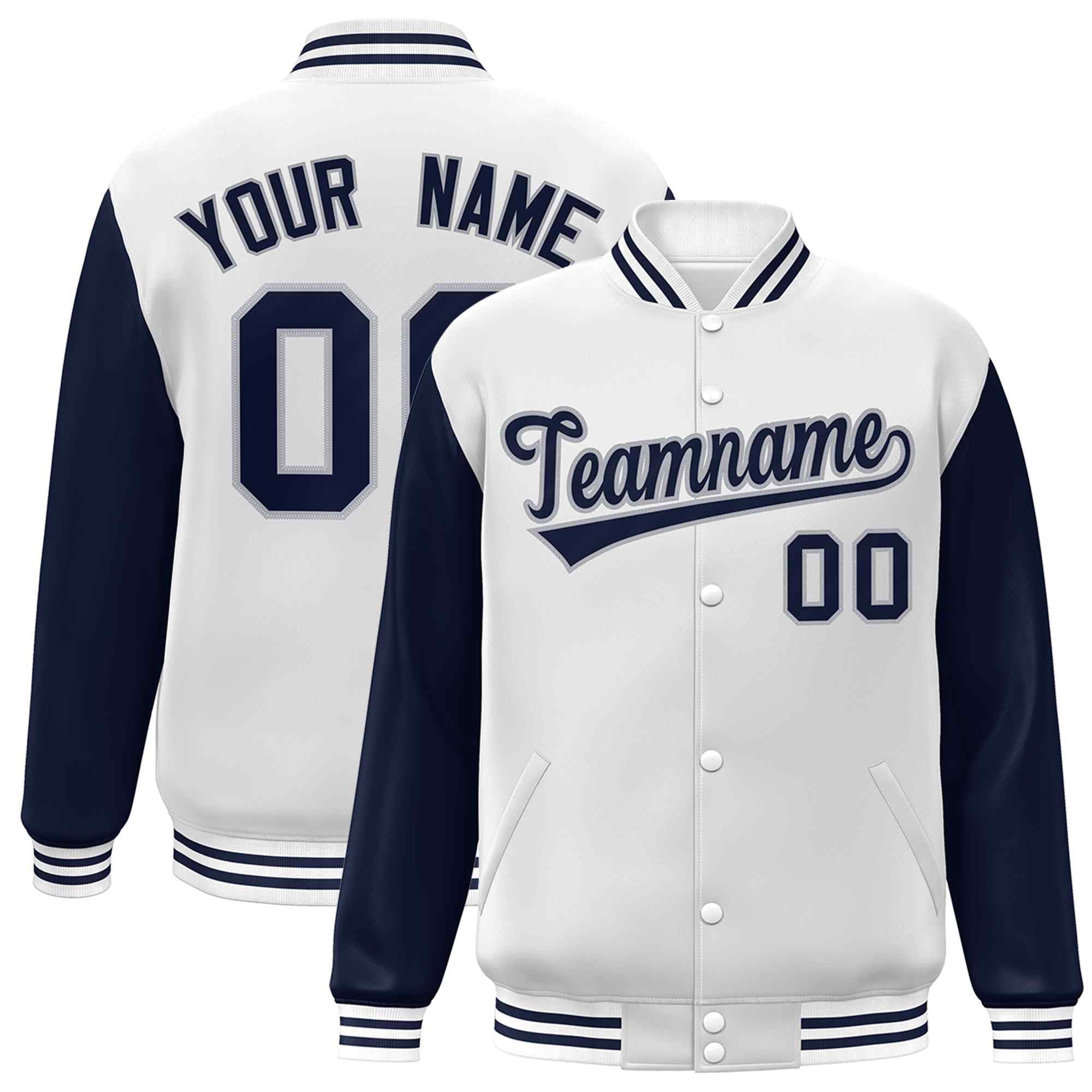 Veste Letterman Varsity Full-Snap personnalisée à manches raglan blanc-gris marine