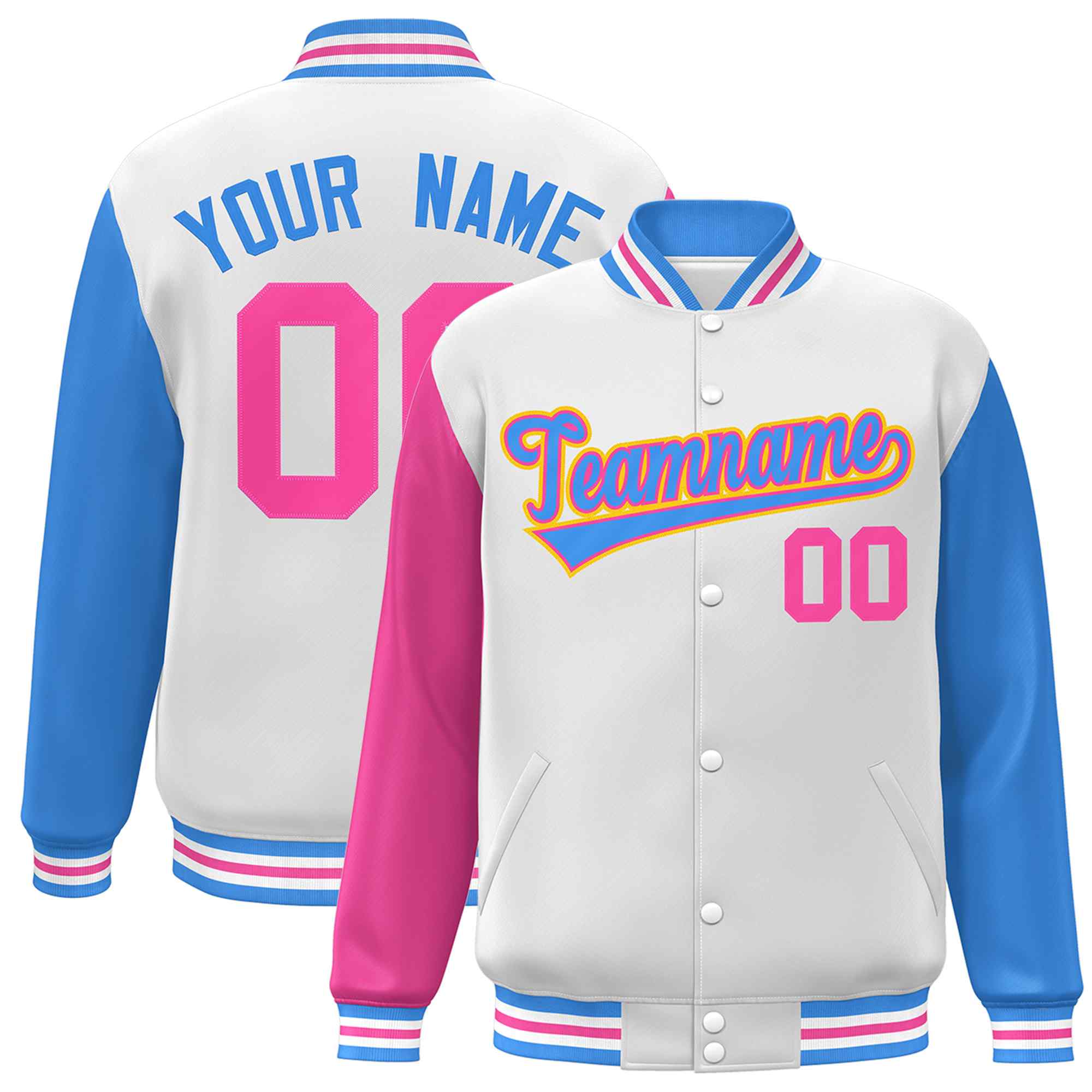 Custom White Powder Blue-Pink Raglan Sleeves Varsity Full-Snap Letterman Jacket