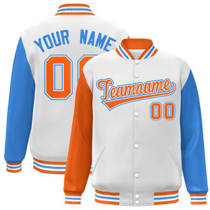 Custom White Orange-White Raglan Sleeves Varsity Full-Snap Letterman Jacket