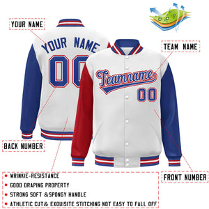 Custom White Royal-White Raglan Sleeves Varsity Full-Snap Letterman Jacket