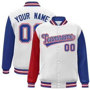 Custom White Royal-White Raglan Sleeves Varsity Full-Snap Letterman Jacket