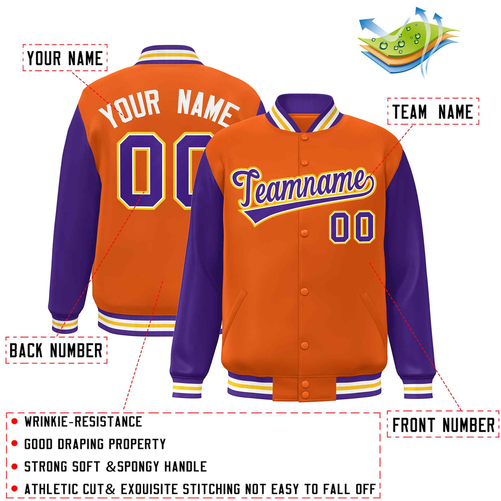 Veste Letterman Varsity Full-Snap à manches raglan orange violet-blanc personnalisée