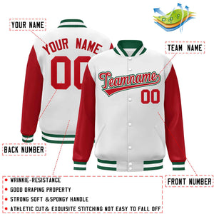 Veste Letterman Varsity Full-Snap à manches raglan blanc rouge-blanc personnalisée