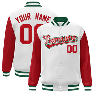 Veste Letterman Varsity Full-Snap à manches raglan blanc rouge-blanc personnalisée