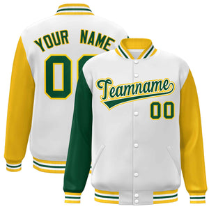 Veste Letterman Varsity Full-Snap personnalisée à manches raglan blanc vert-blanc