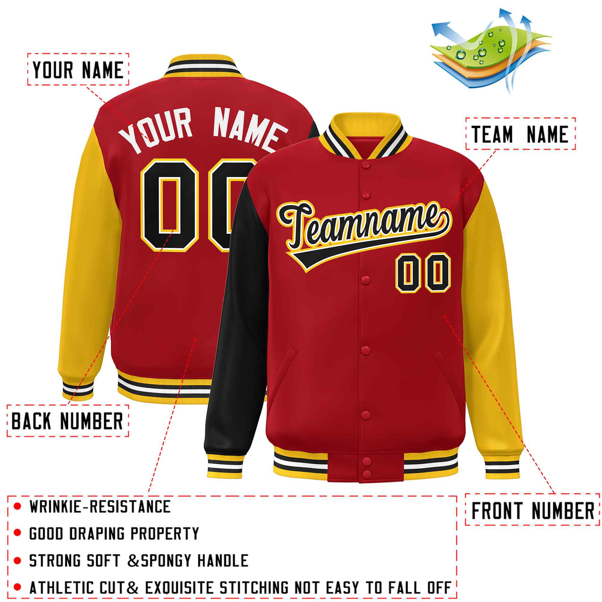 Custom Red Black-White Raglan Sleeves Varsity Full-Snap Letterman Jacket