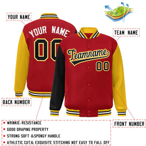 Veste Letterman Varsity Full-Snap à manches raglan rouge noir-blanc personnalisée