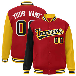 Veste Letterman Varsity Full-Snap à manches raglan rouge noir-blanc personnalisée