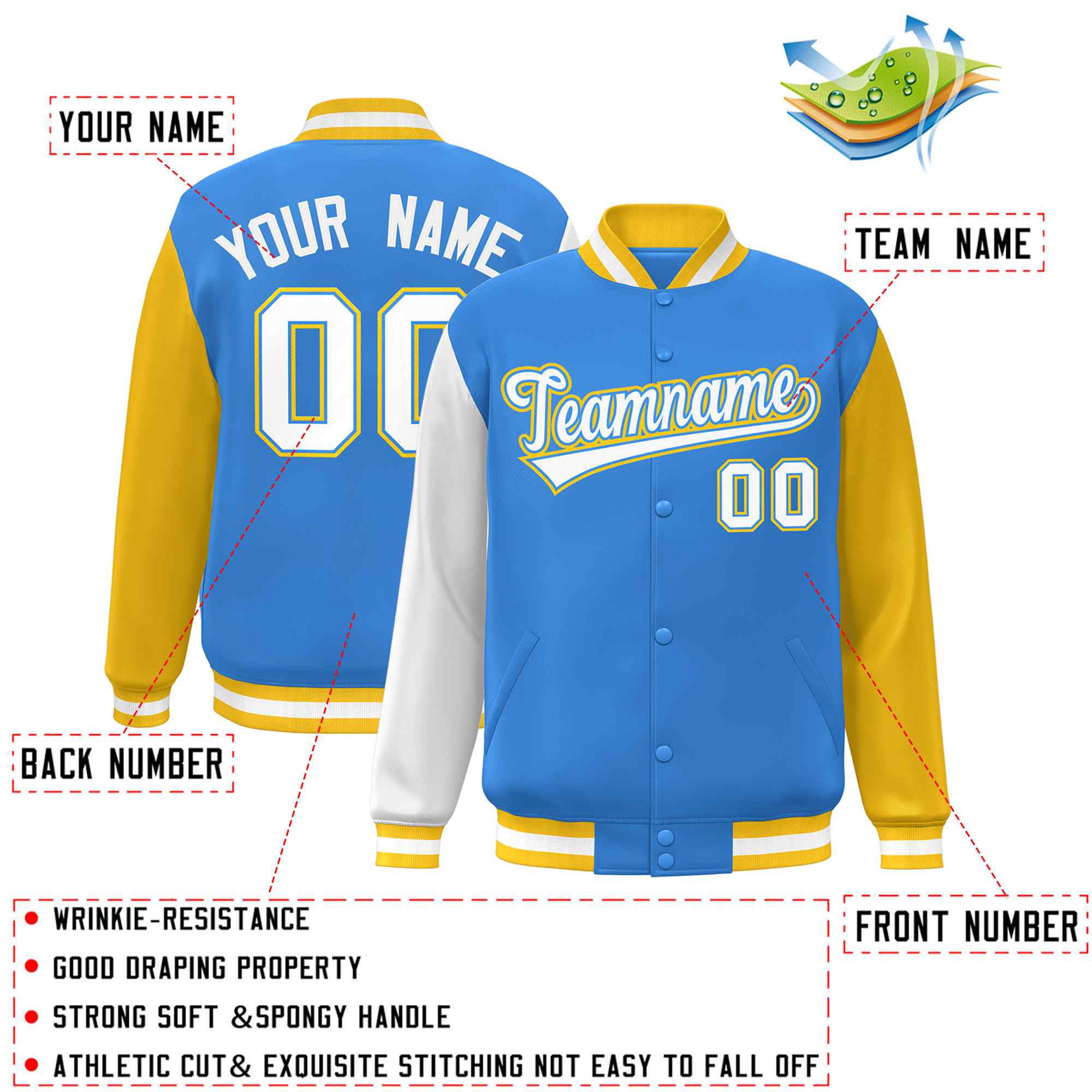 Custom Powder Blue White-Powder Blue Raglan Sleeves Varsity Full-Snap Letterman Jacket