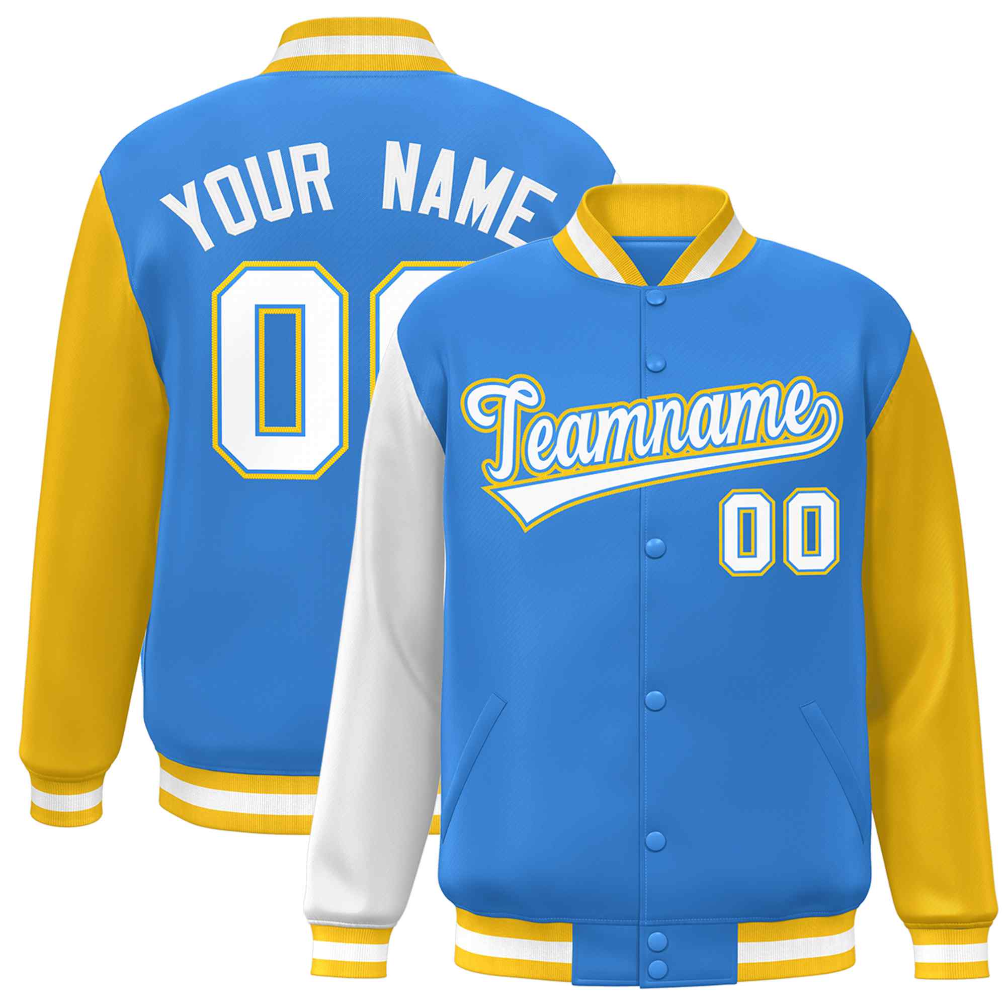 Custom Powder Blue White-Powder Blue Raglan Sleeves Varsity Full-Snap Letterman Jacket