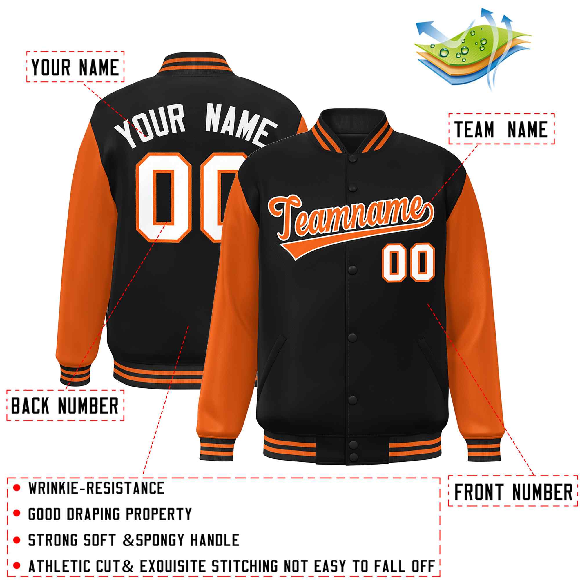 Custom Black Orange-White Raglan Sleeves Varsity Full-Snap Letterman Jacket