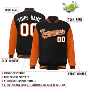 Veste Letterman Varsity Full-Snap personnalisée à manches raglan noir orange-blanc