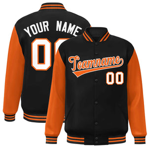 Veste Letterman Varsity Full-Snap personnalisée à manches raglan noir orange-blanc