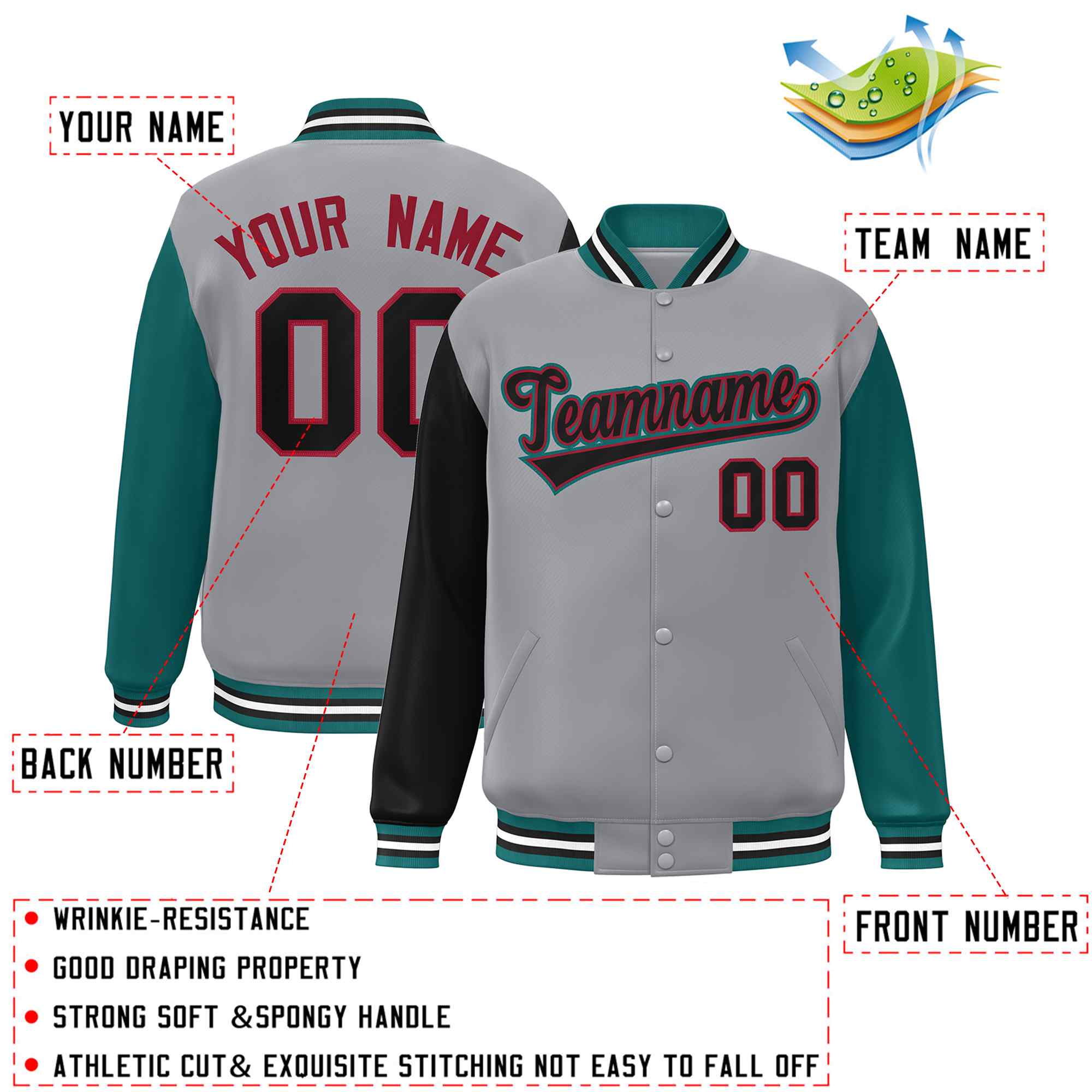 Custom Gray Black-Crimson Raglan Sleeves Varsity Full-Snap Letterman Jacket