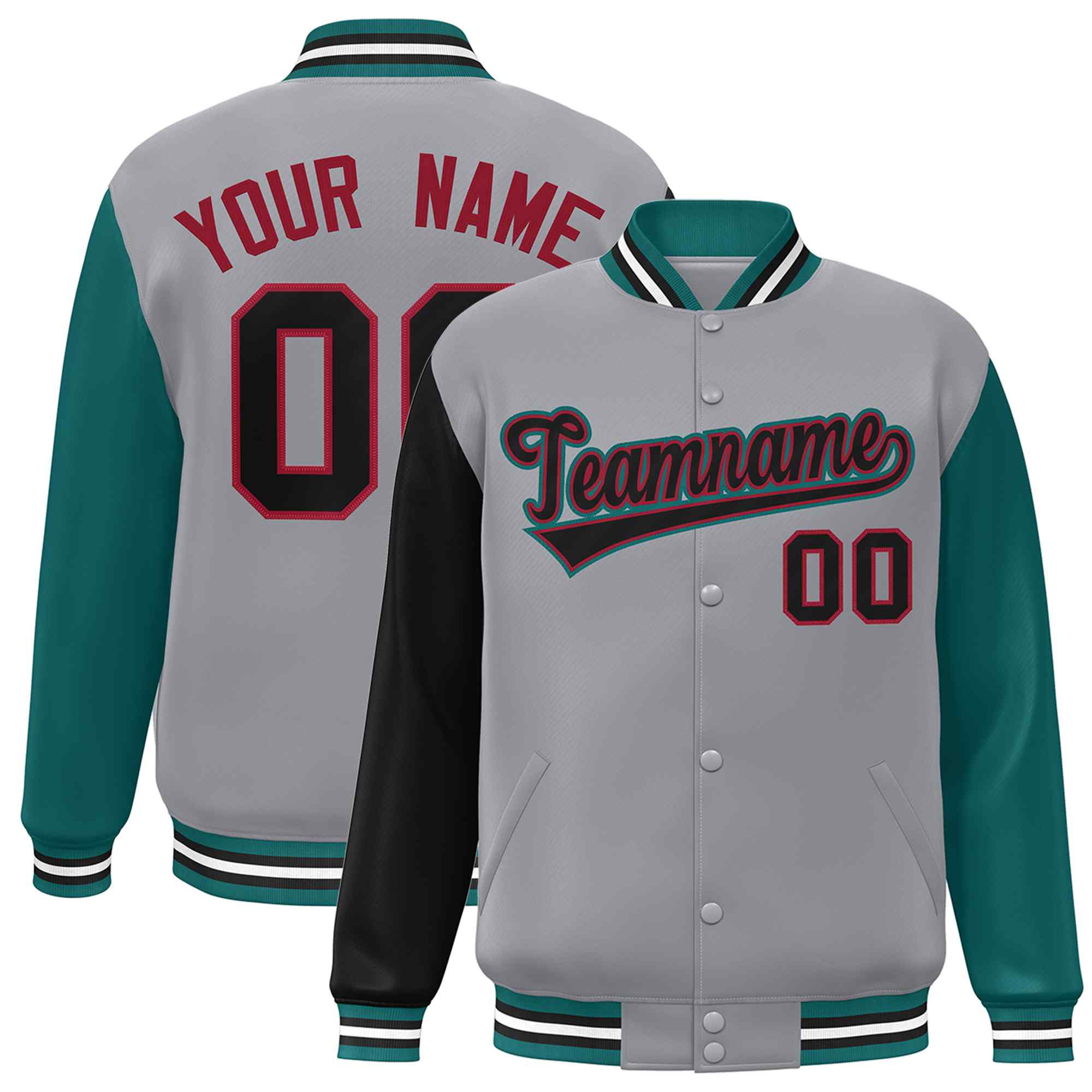 Custom Gray Black-Crimson Raglan Sleeves Varsity Full-Snap Letterman Jacket