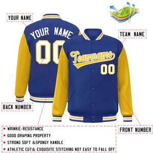 Veste Letterman Varsity à manches raglan personnalisées Royal Gold-White