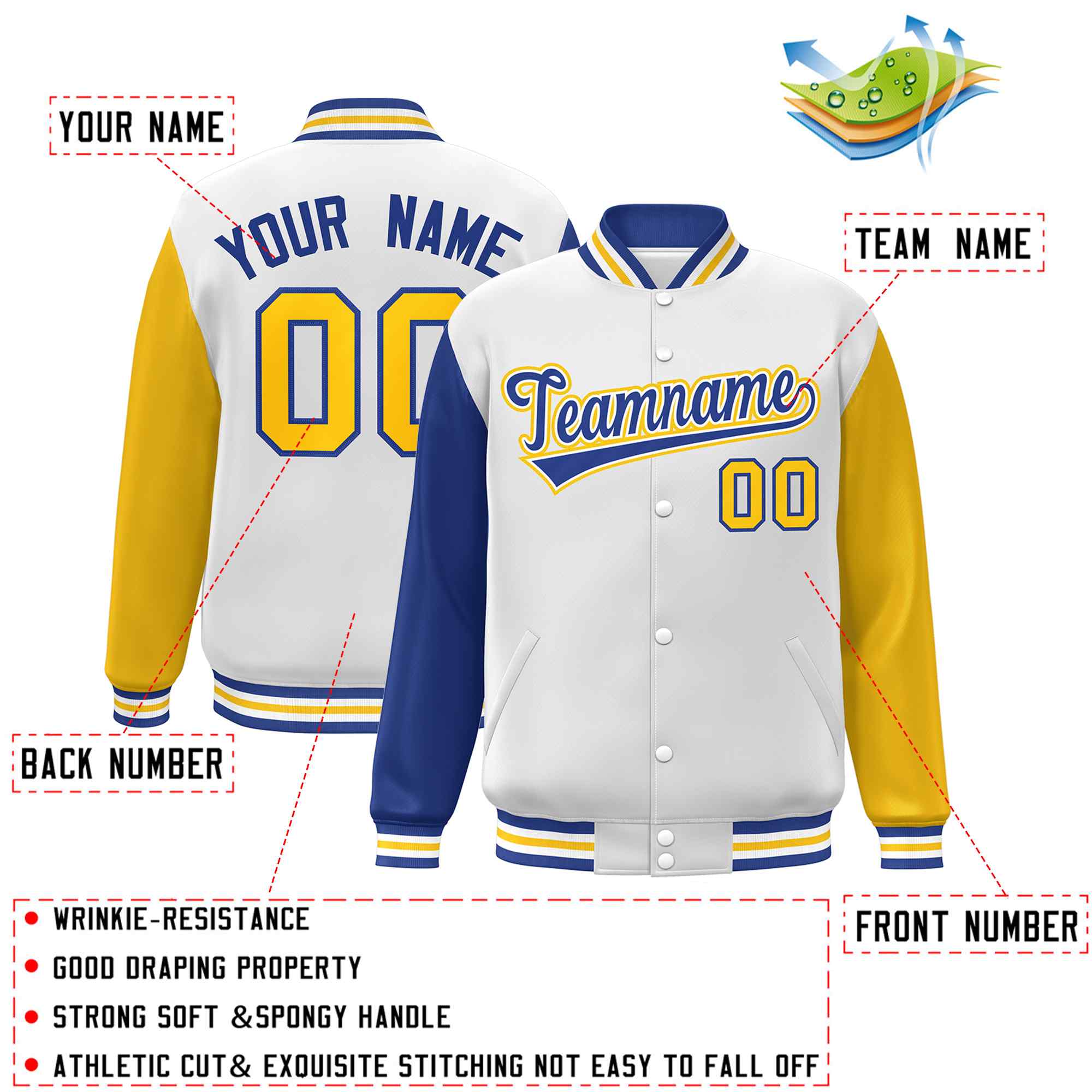 Veste Letterman Varsity Full-Snap à manches raglan blanc royal-blanc personnalisée