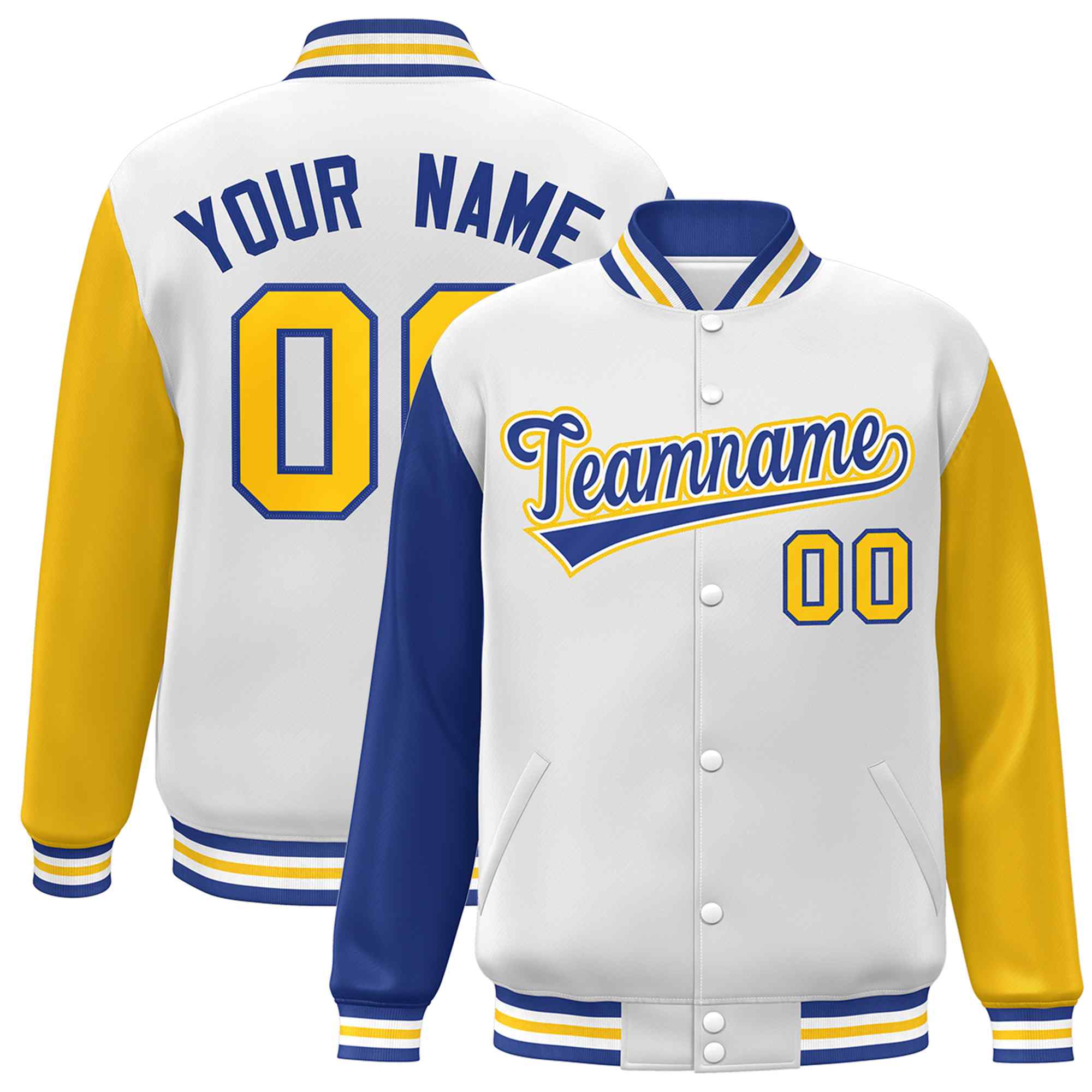 Custom White Royal-White Raglan Sleeves Varsity Full-Snap Letterman Jacket