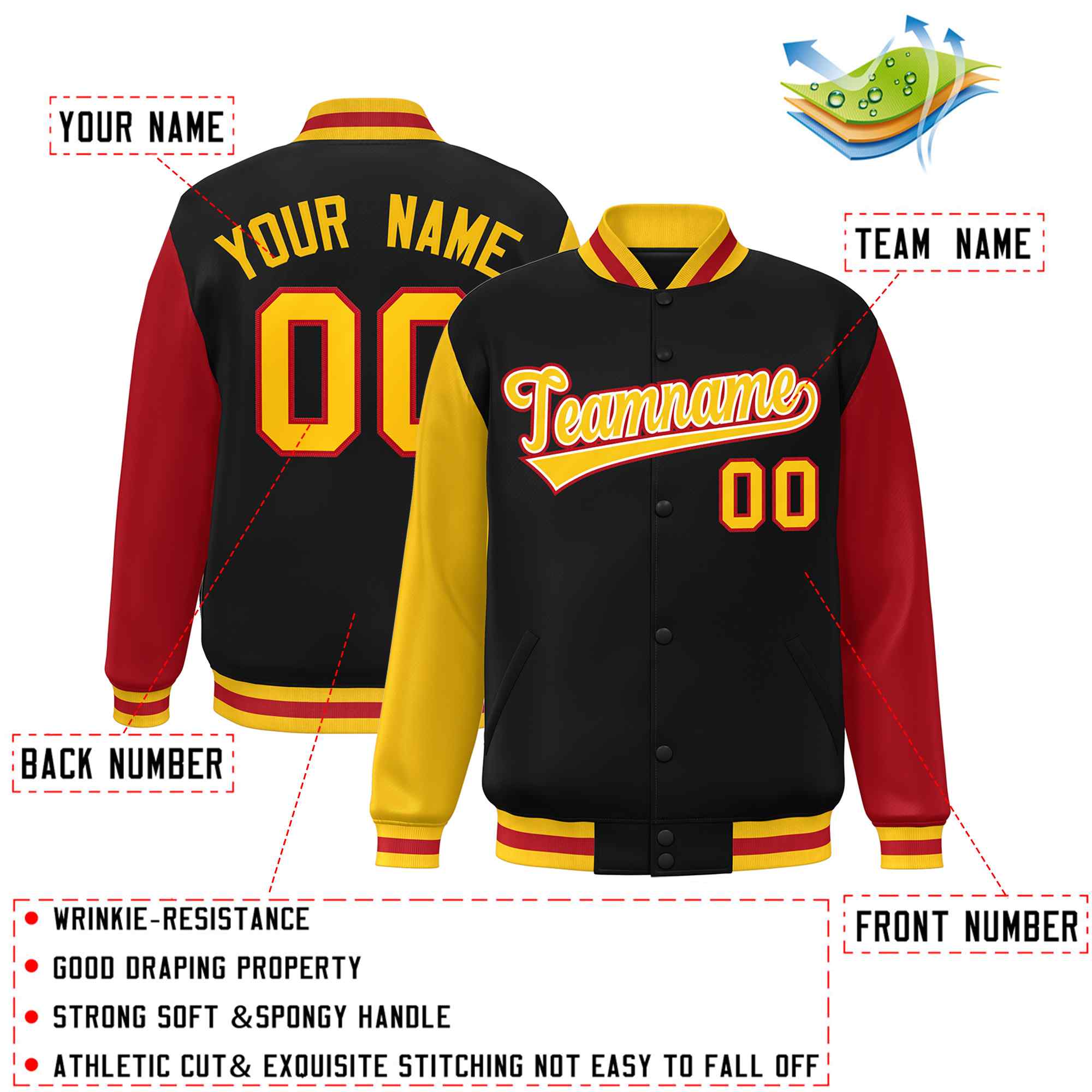 Custom Black Gold-White Raglan Sleeves Varsity Full-Snap Letterman Jacket