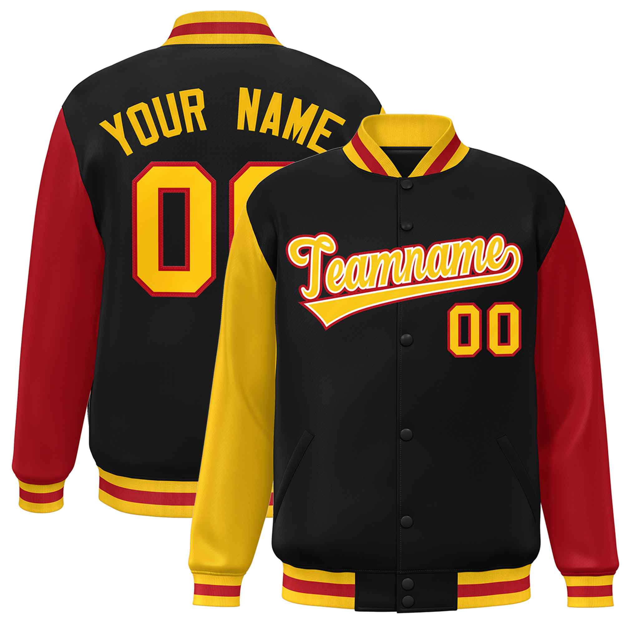 Veste Letterman Varsity Full-Snap à manches raglan personnalisées noir or-blanc