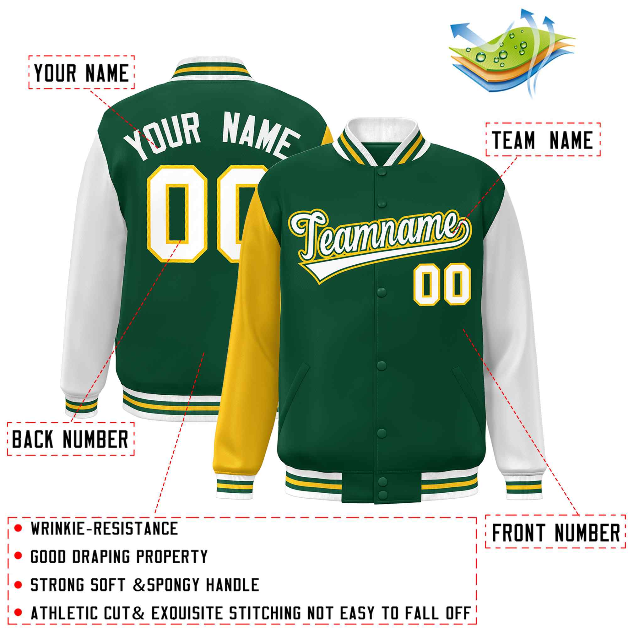 Veste Letterman Varsity Full-Snap à manches raglan vert blanc-vert personnalisée