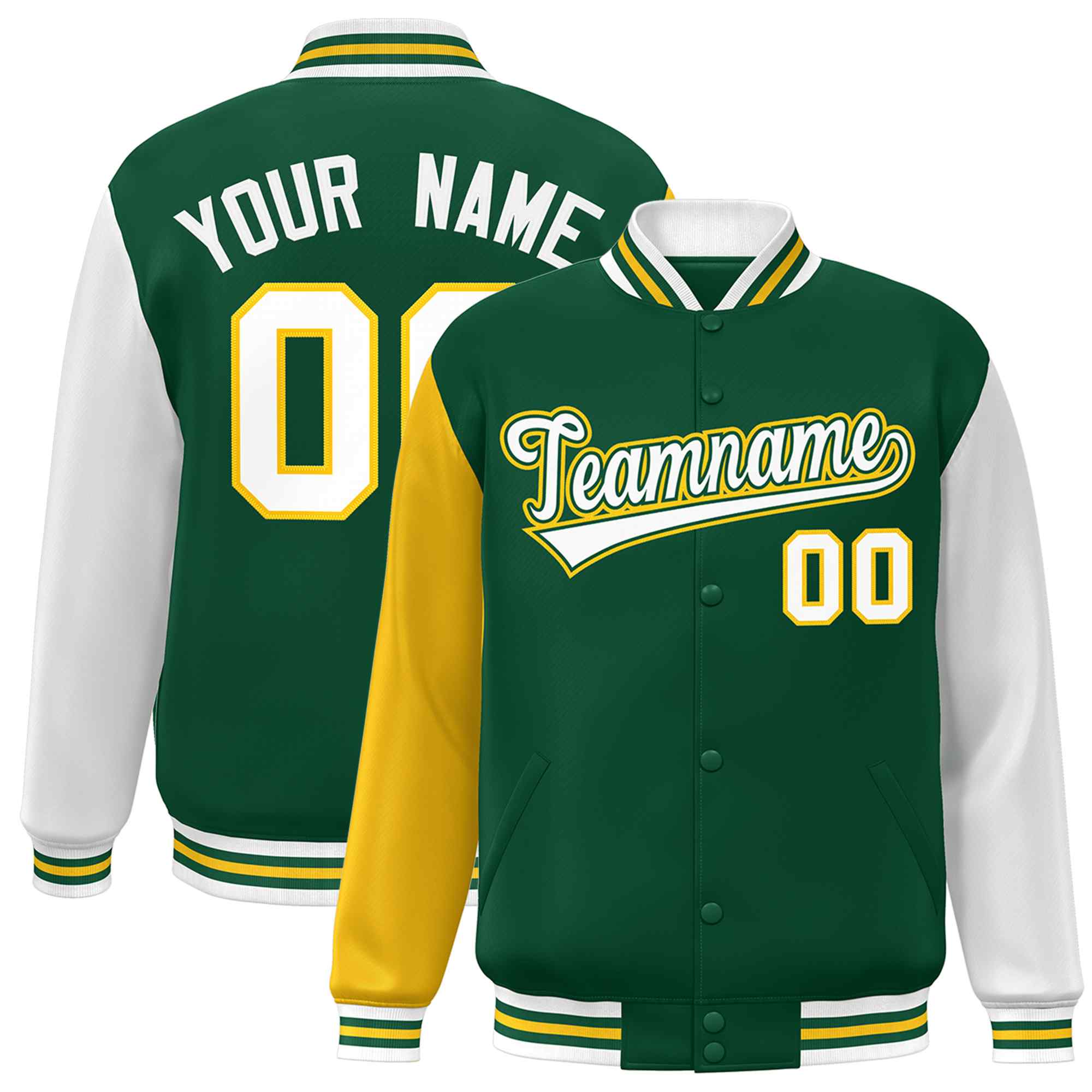 Veste Letterman Varsity Full-Snap à manches raglan vert blanc-vert personnalisée