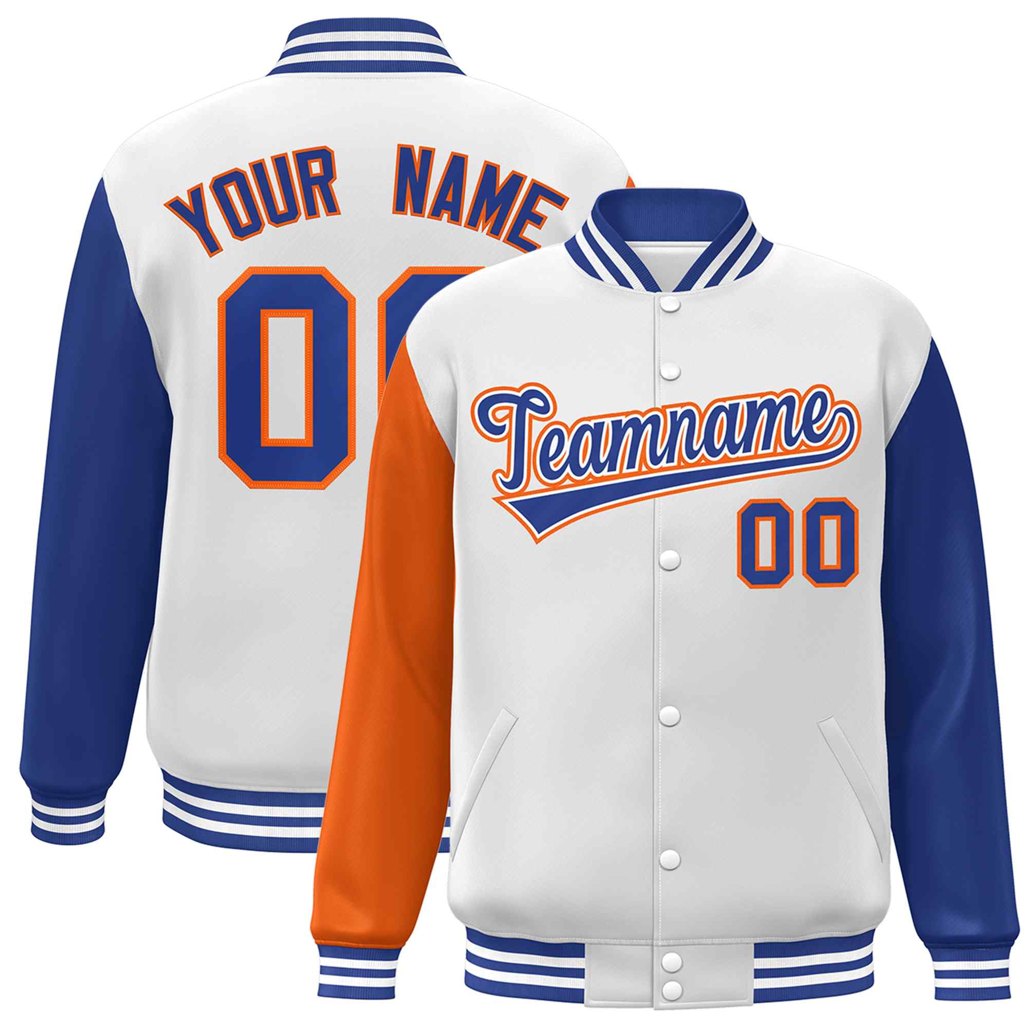 Veste Letterman Varsity Full-Snap à manches raglan blanches et orange personnalisées