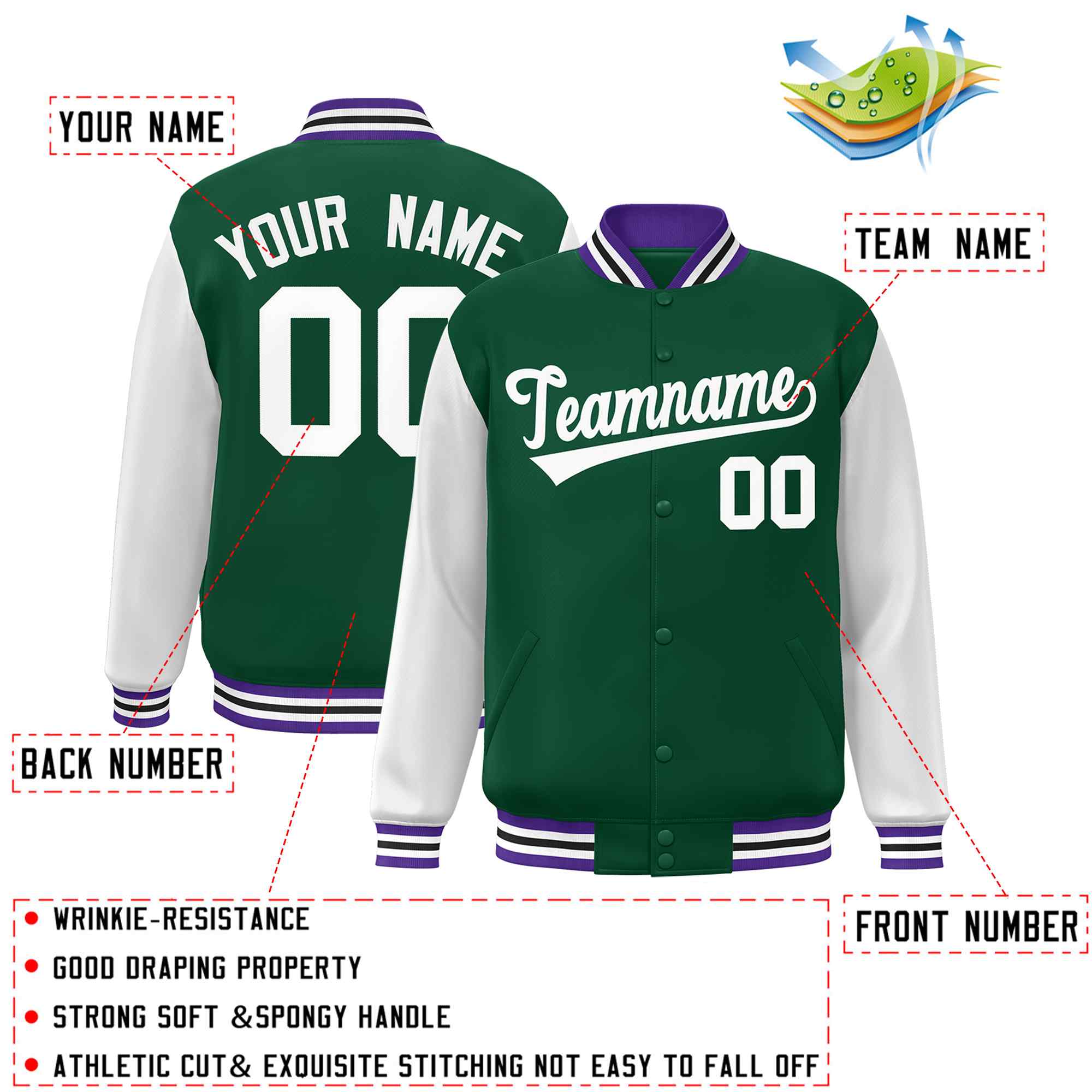 Veste Letterman Varsity Full-Snap à manches raglan blanches et vertes personnalisées