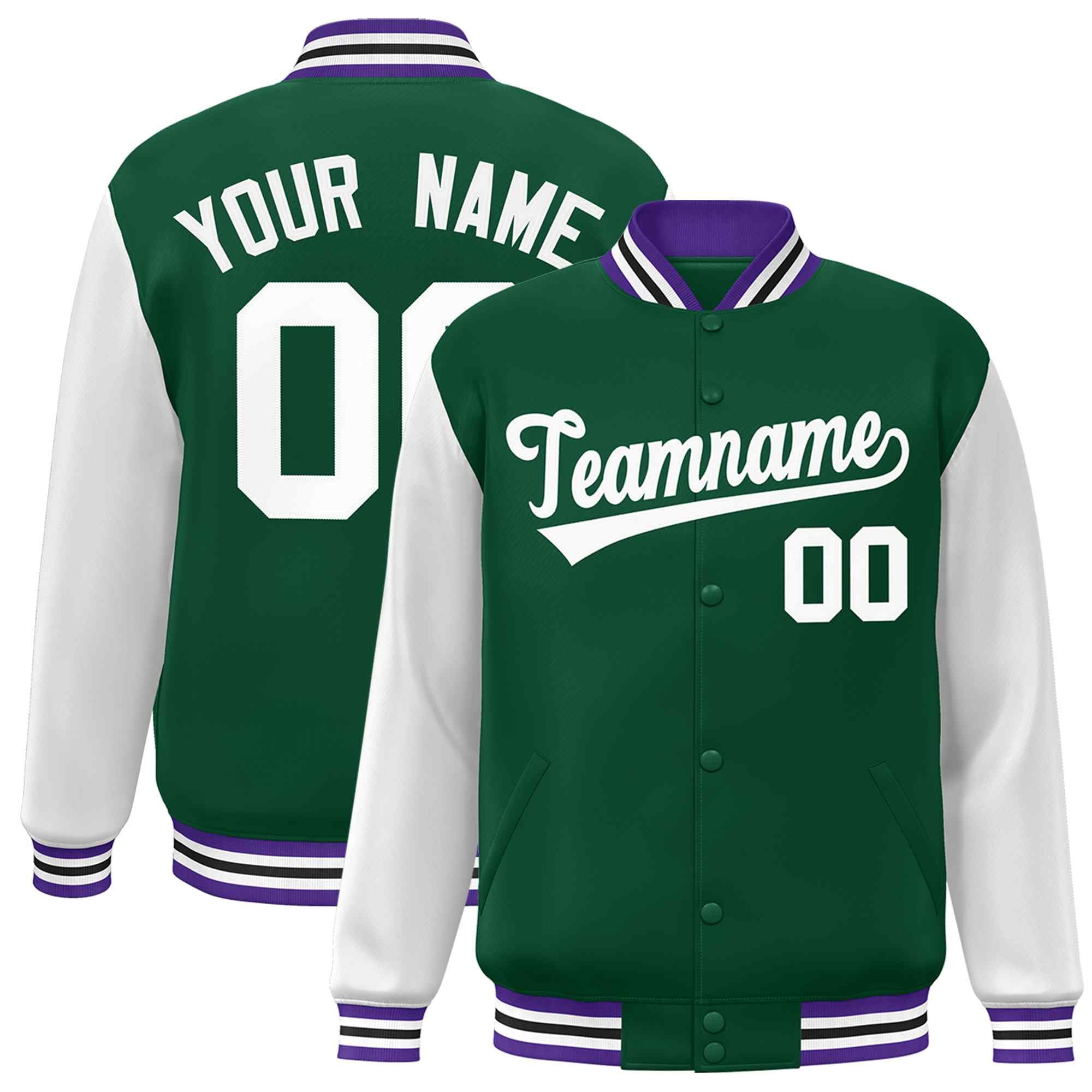 Veste Letterman Varsity Full-Snap à manches raglan blanches et vertes personnalisées