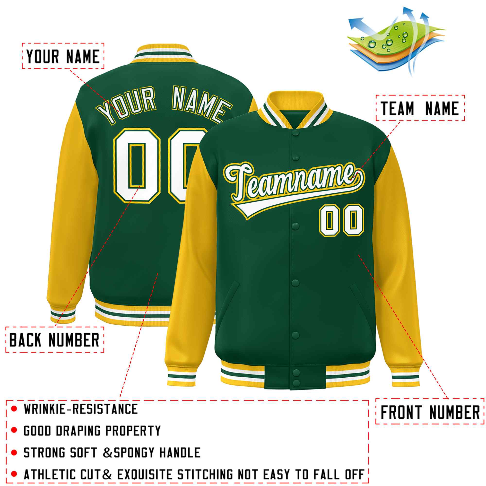 Veste Letterman Varsity Full-Snap à manches raglan personnalisées vert blanc-vert