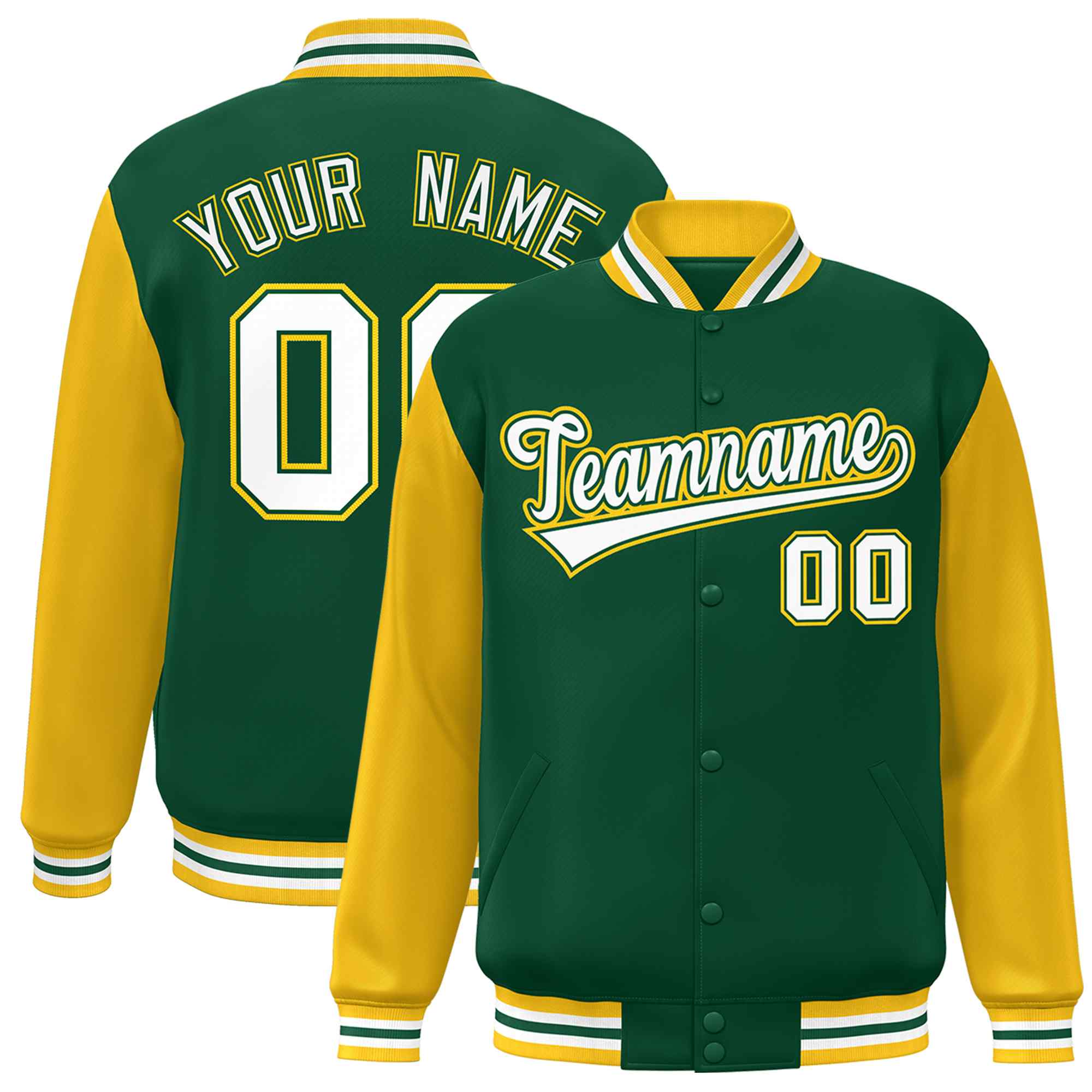 Veste Letterman Varsity Full-Snap à manches raglan personnalisées vert blanc-vert