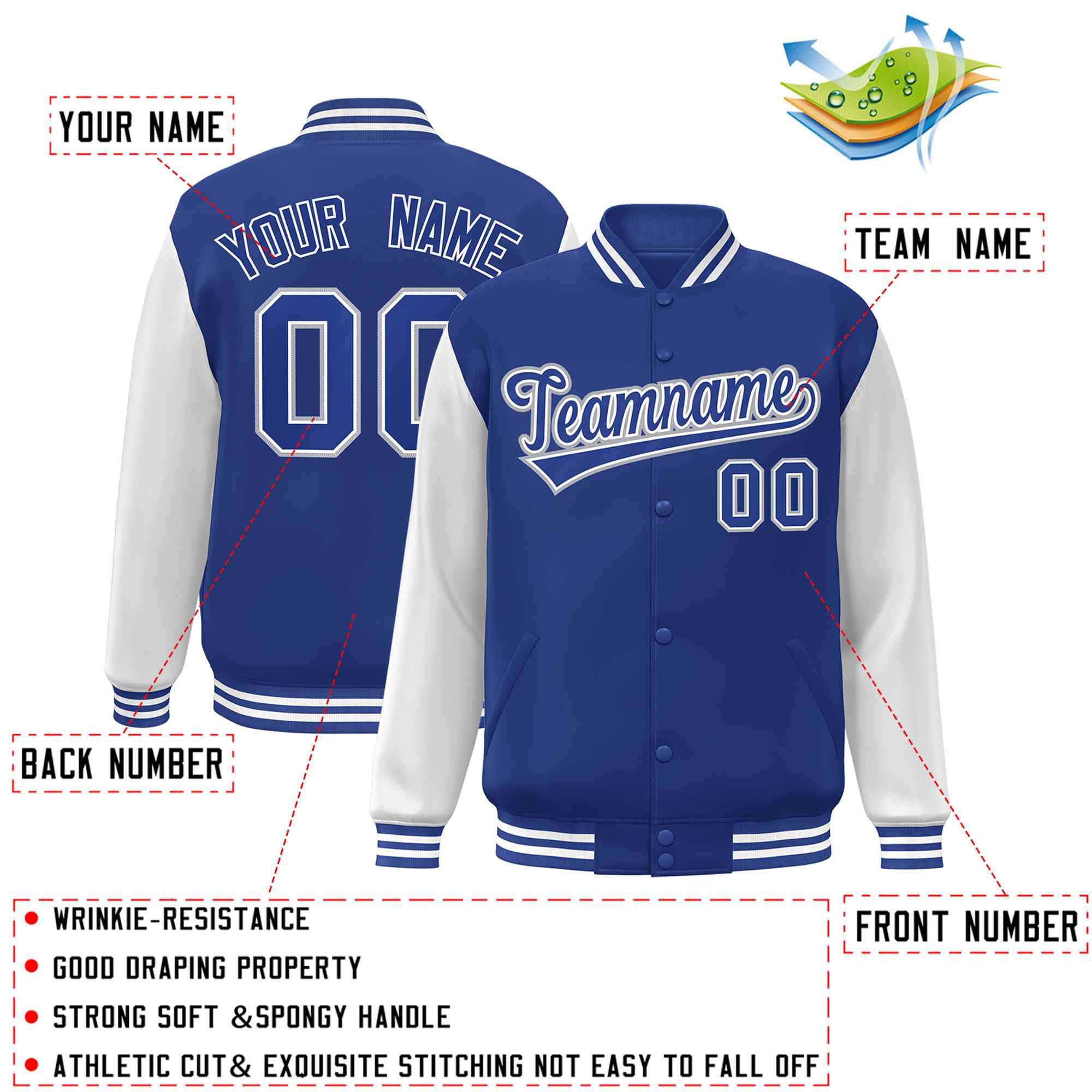 Veste Letterman Varsity à manches raglan Royal Royal-White personnalisée