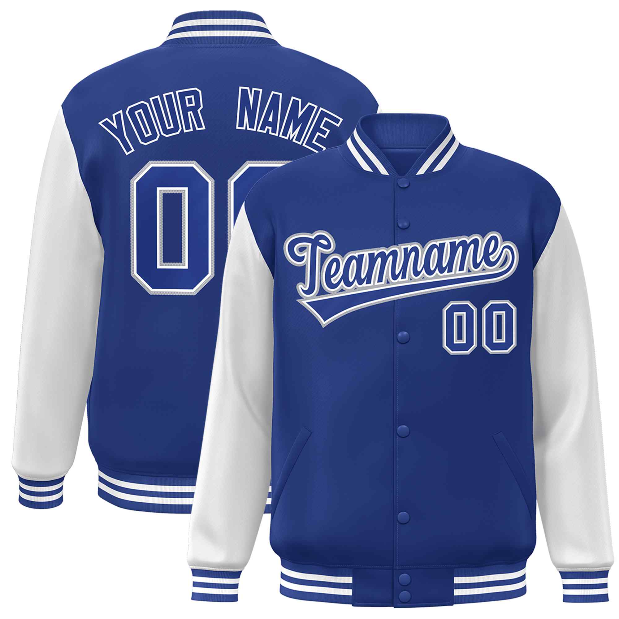 Custom Royal Royal-White Raglan Sleeves Varsity Full-Snap Letterman Jacket