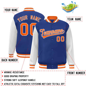 Veste Letterman Varsity Full-Snap Custom Royal Orange-Blanc à manches raglan