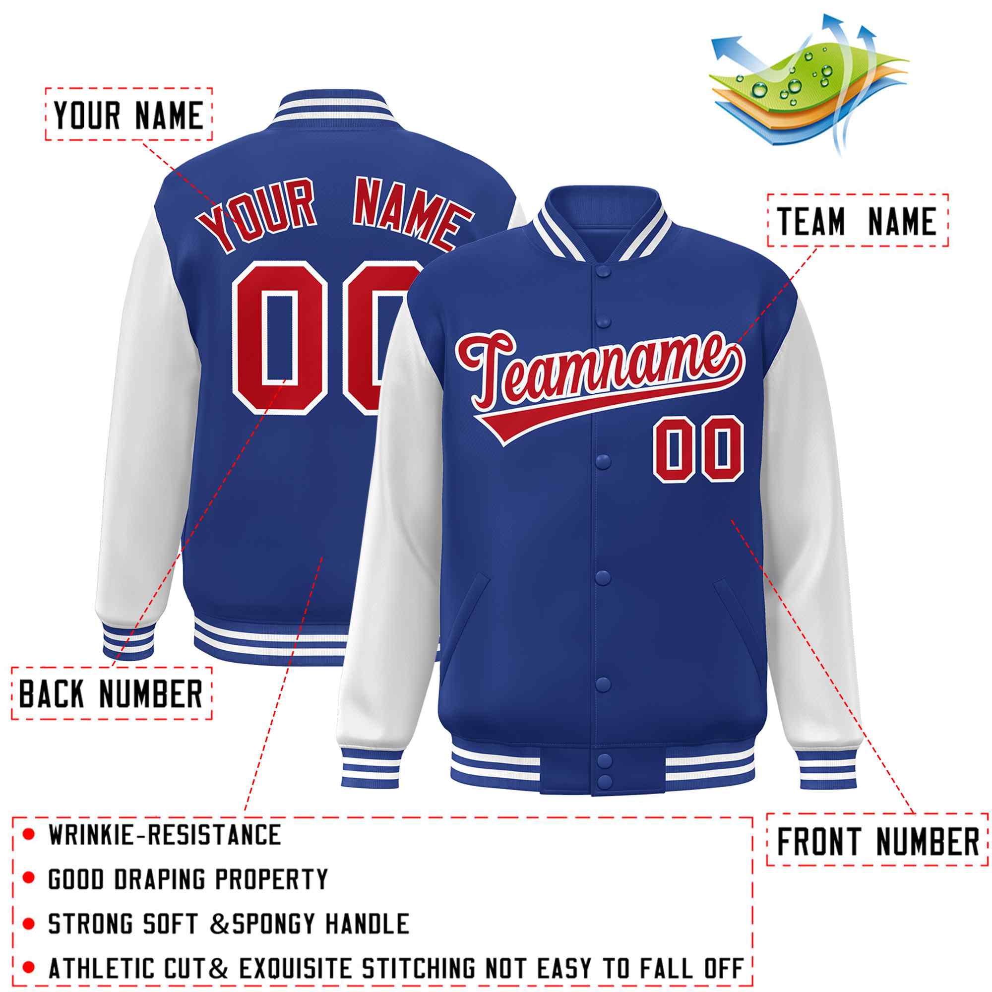 Custom Royal Red-White Raglan Sleeves Varsity Full-Snap Letterman Jacket