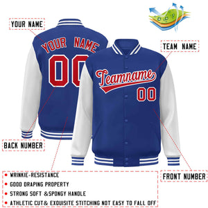 Veste Letterman Varsity Full-Snap à manches raglan personnalisées Royal Red-White