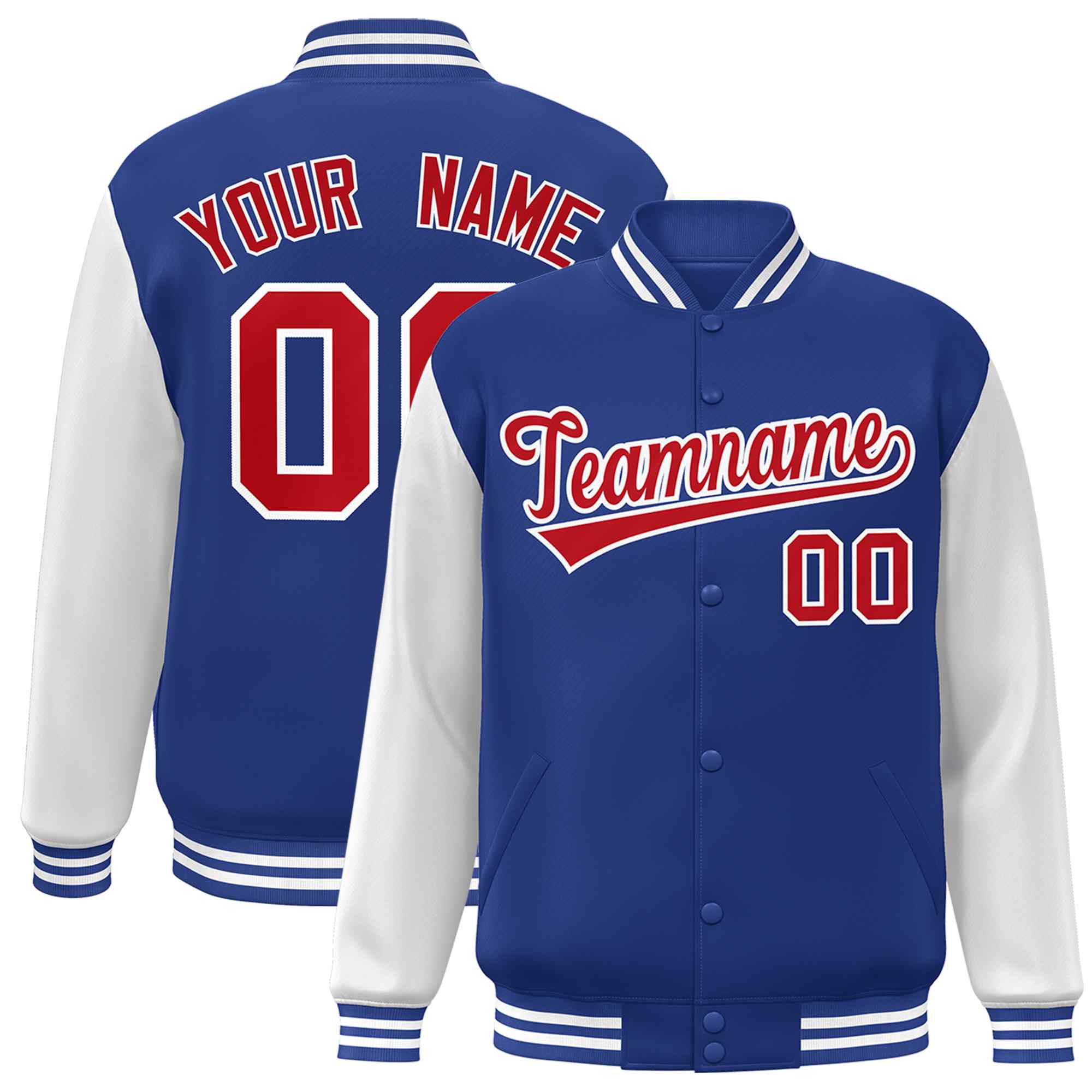 Custom Royal Red-White Raglan Sleeves Varsity Full-Snap Letterman Jacket