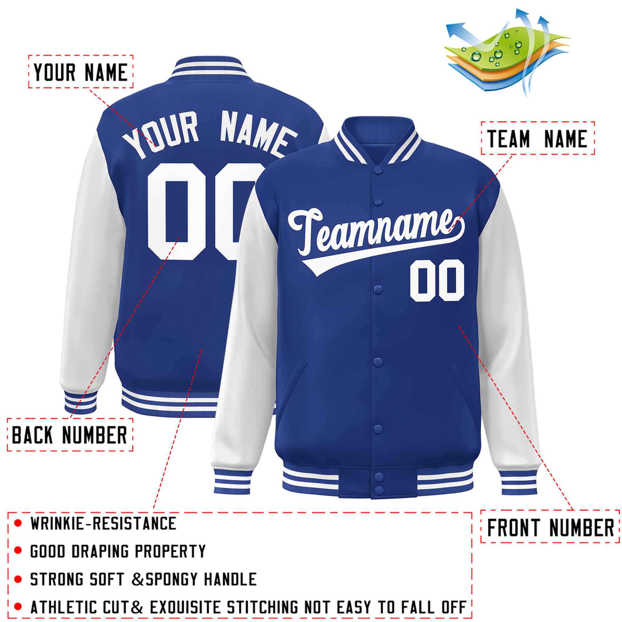 Veste Letterman Varsity Full-Snap à manches raglan blanches royales personnalisées