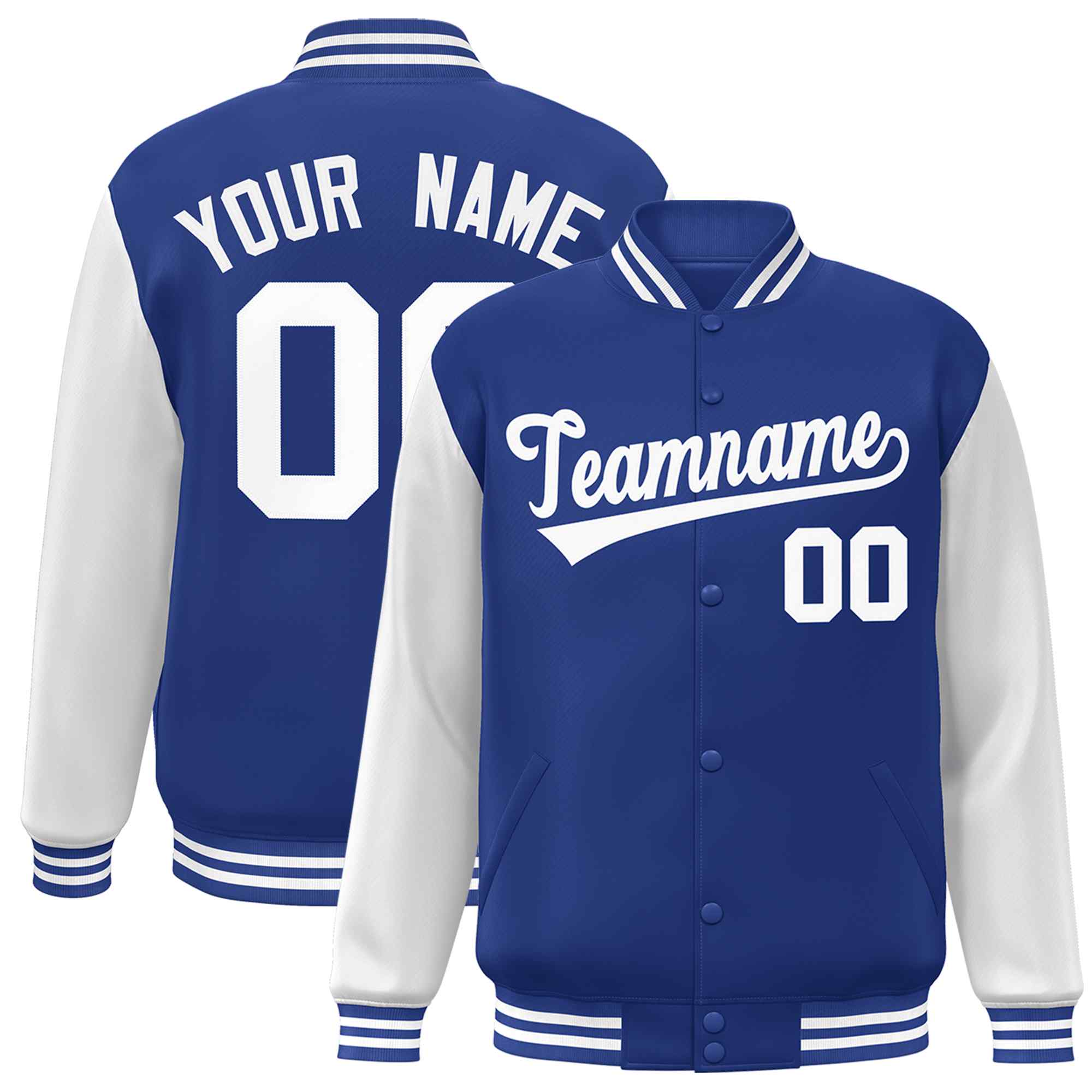 Veste Letterman Varsity Full-Snap à manches raglan blanches royales personnalisées