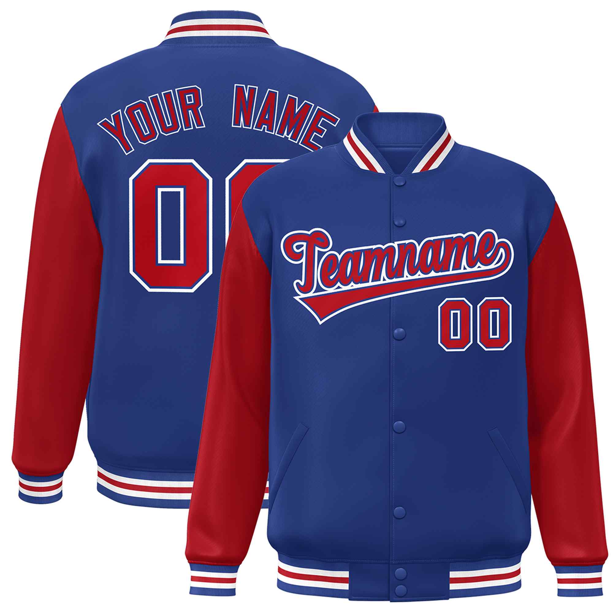 Custom Royal Red-Royal Raglan Sleeves Varsity Full-Snap Letterman Jacket