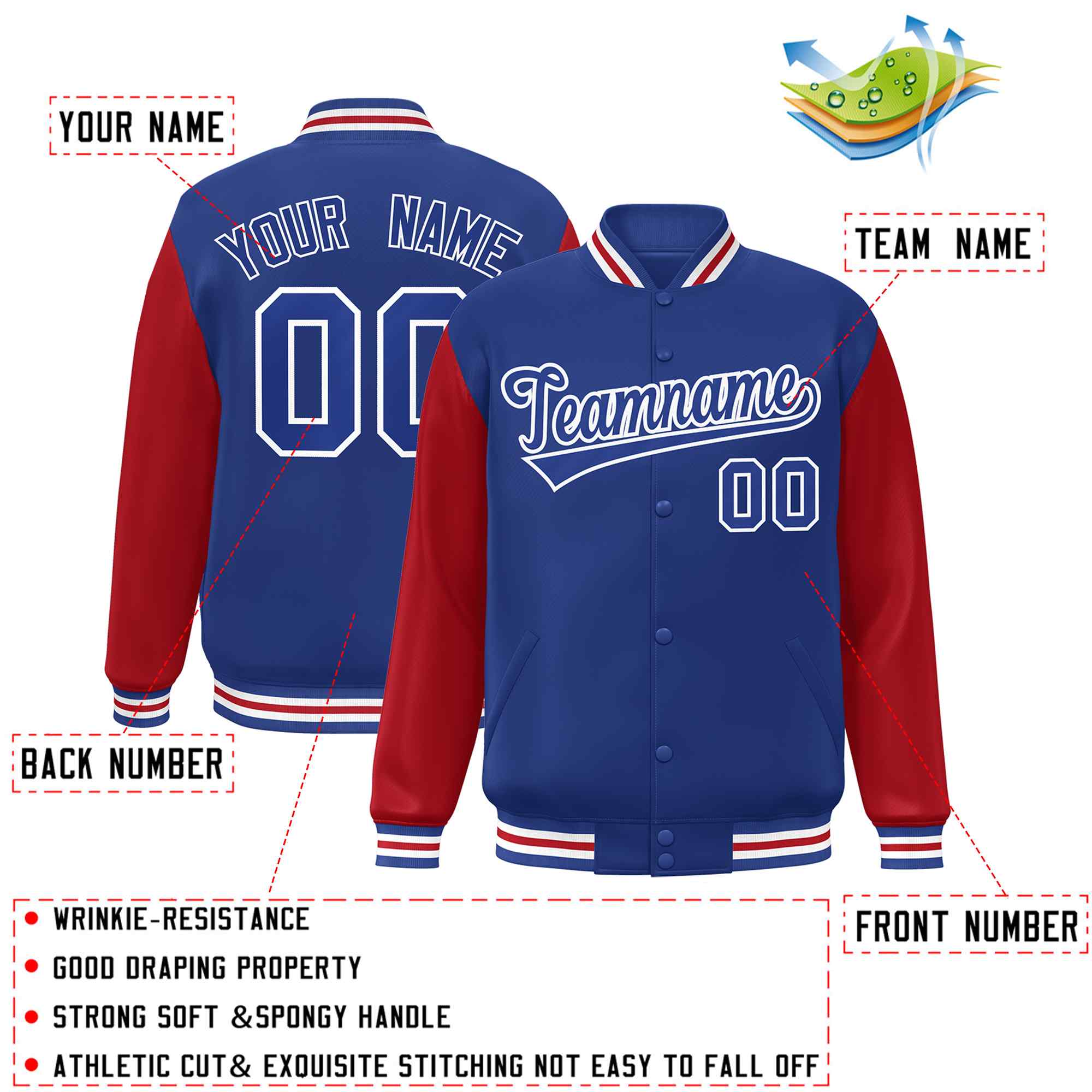 Custom Royal Royal-White Raglan Sleeves Varsity Full-Snap Letterman Jacket