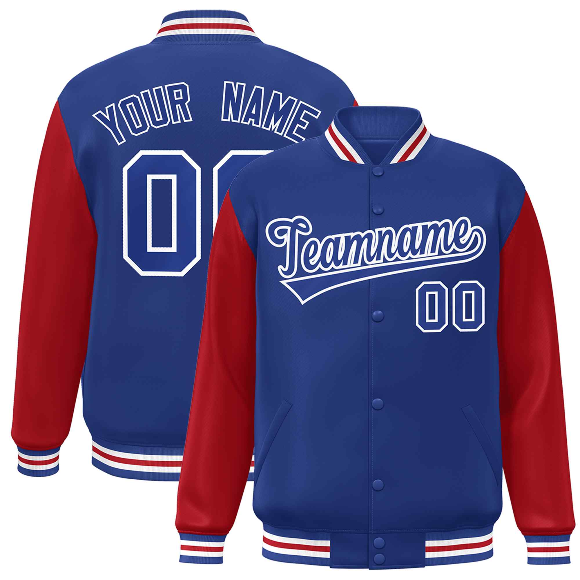 Custom Royal Royal-White Raglan Sleeves Varsity Full-Snap Letterman Jacket