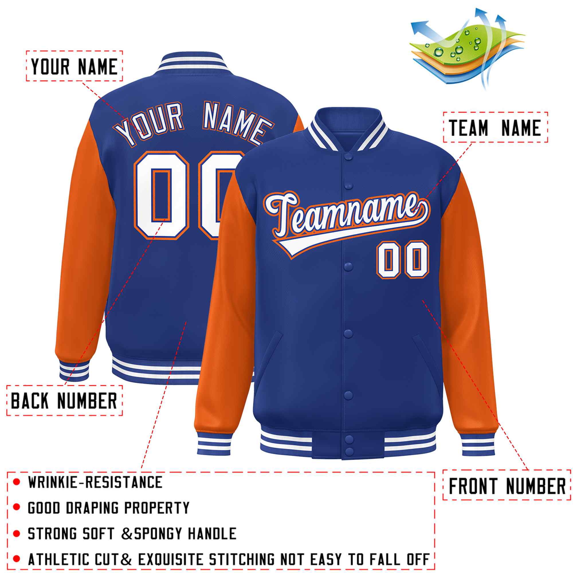 Custom Royal White-Royal Raglan Sleeves Varsity Full-Snap Letterman Jacket