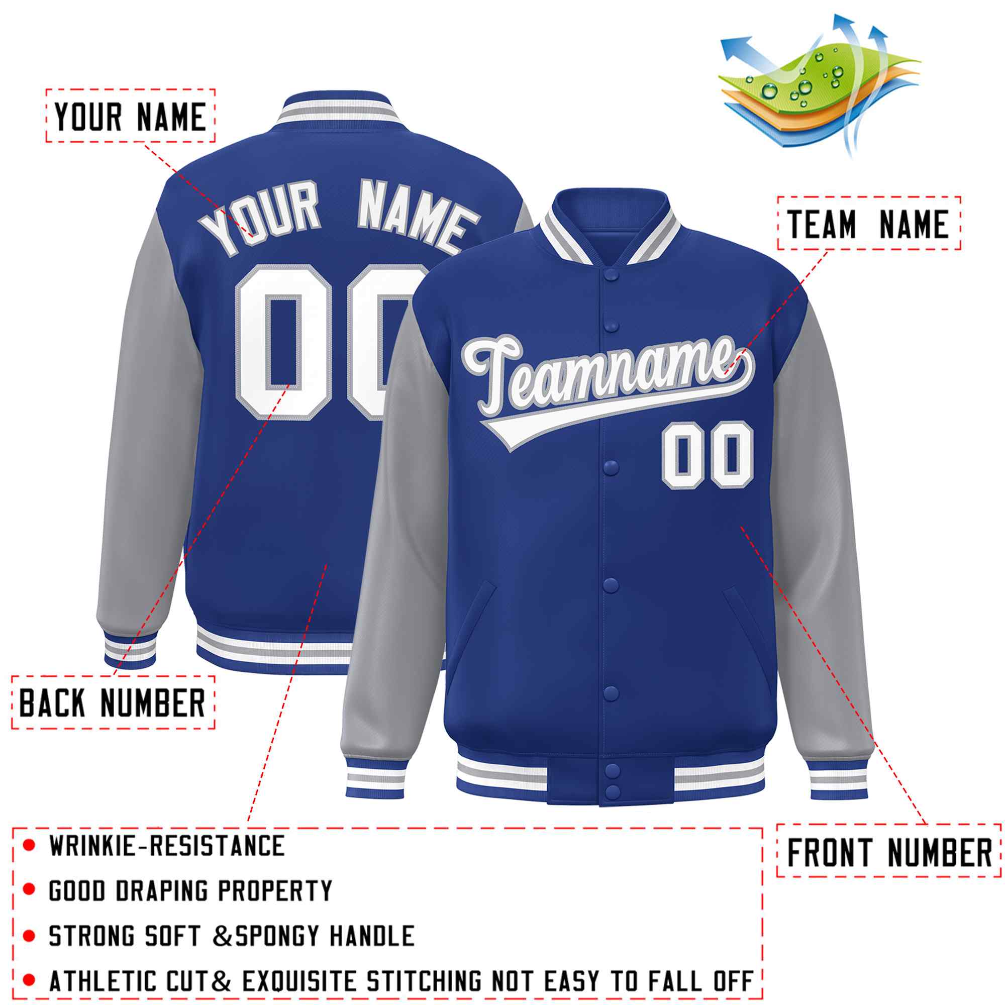 Veste Letterman Varsity Full-Snap personnalisée à manches raglan blanc-gris royal