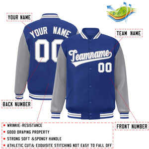 Veste Letterman Varsity Full-Snap personnalisée à manches raglan blanc-gris royal