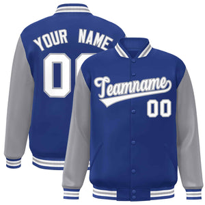 Veste Letterman Varsity Full-Snap personnalisée à manches raglan blanc-gris royal